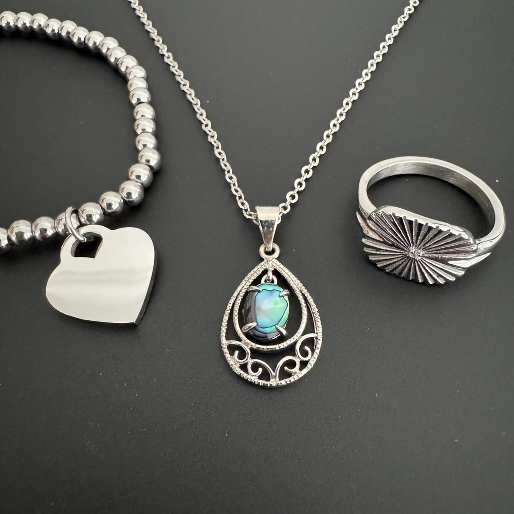 Silver Toned Jewelry Lot‎ Necklace with Abalone, Sunburst Ring, Bead Bracelet